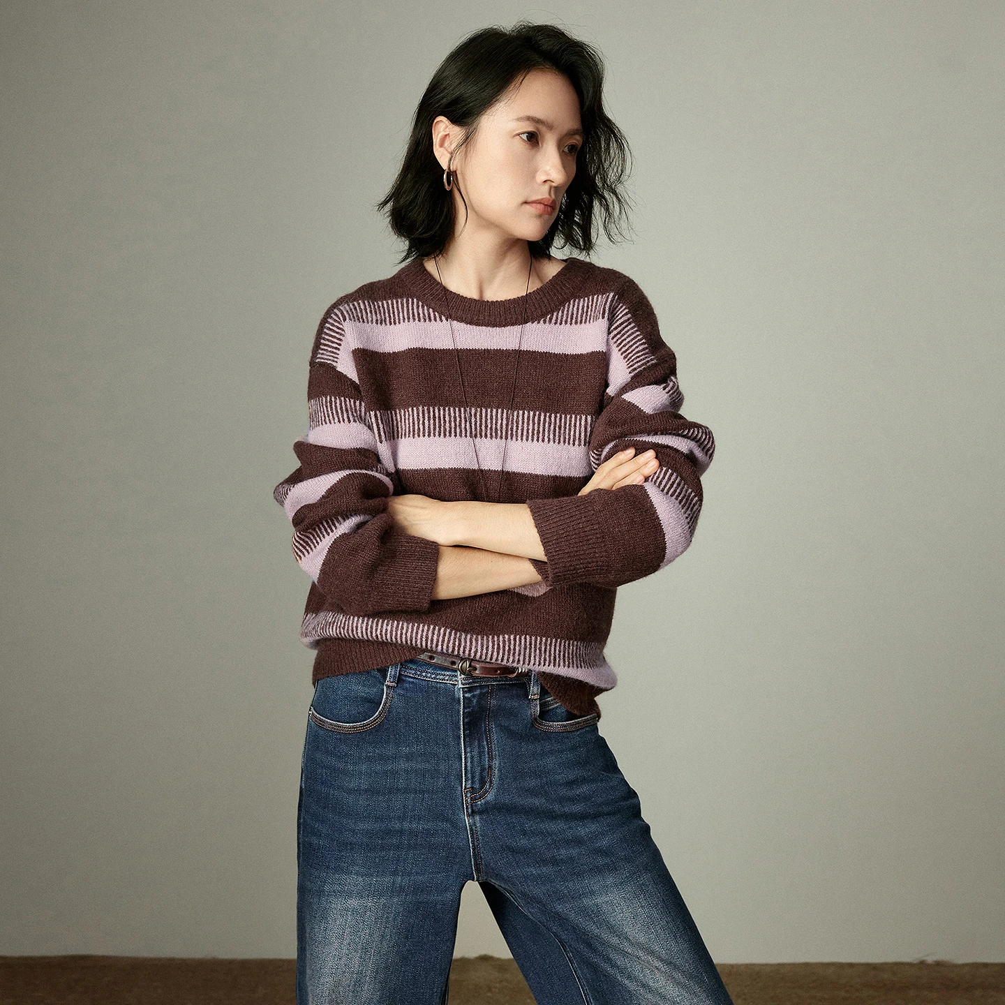 TOYOUTH Wool-blend Sweater for Women 2025 Winter New Crew Neck Loose Cannelés Stripe Soft Warm Top