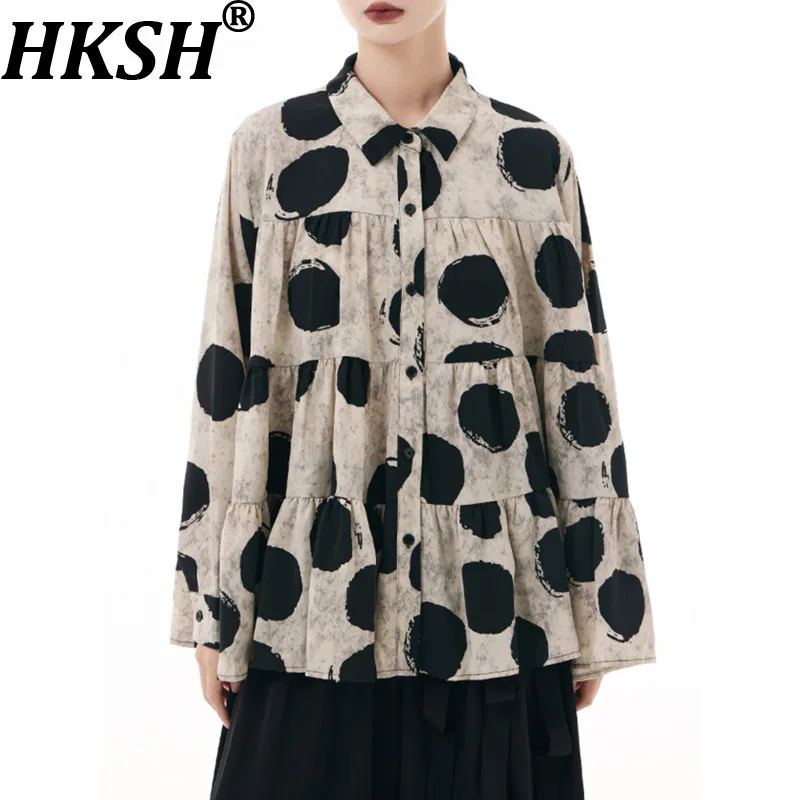 

HKSH Autumn New Women Shirt Dot Printed Pleated Turn-down Collar Long Sleeve Single Breasted OverSize Casual Trendy Tops HK10175