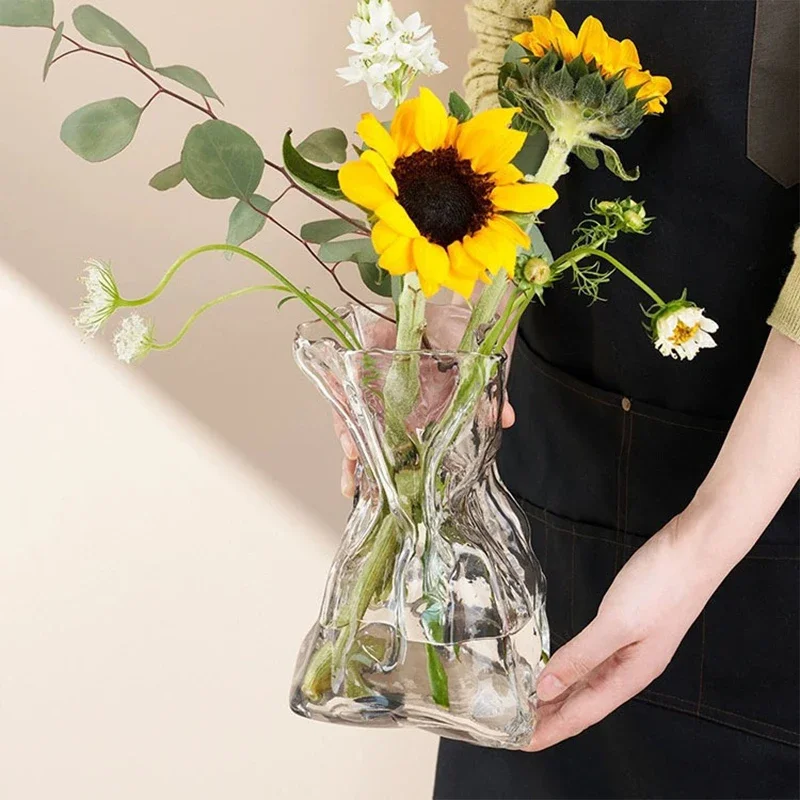 

Modern Glass Flower Vase Wrinkled Flower Bottle Hydroponic Plants Pot Table Decorative Vase Home Office Desktop Decoration