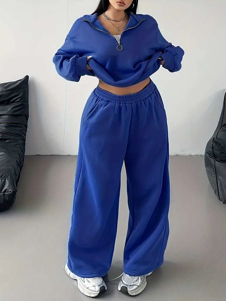 

Зимний спортивный комплект с длинными рукавами, женский пуловер, топ и брюки, комплекты королевского синего цвета, повседневные спортивные костюмы больших размеров для женщин 4xl 5xl