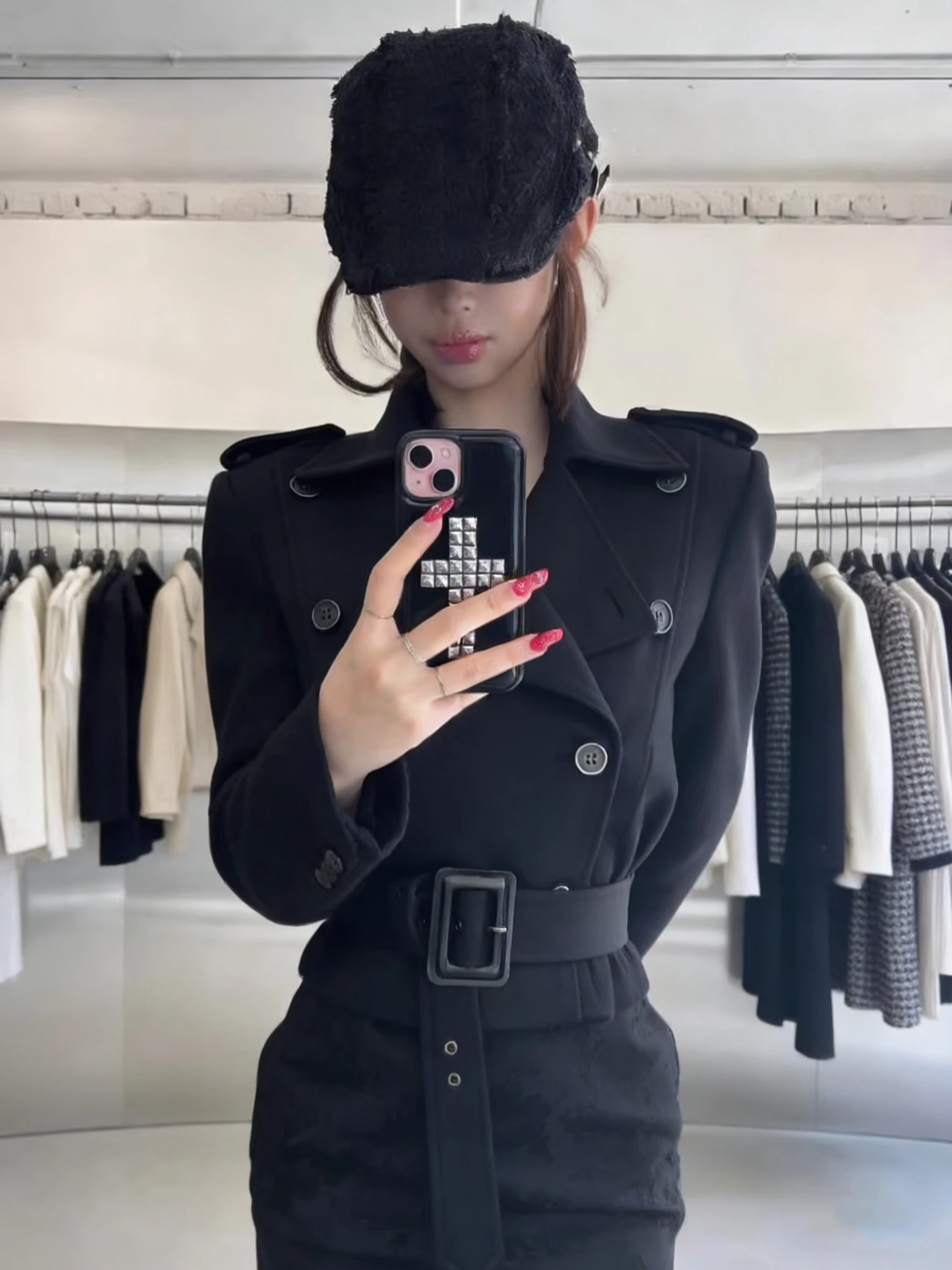 Black Retro Biker Jacket Women's Loose Fit Korean Style Cold Tone Unique Top Lazy Sloppy Feel Short Coat Polyester Fiber
