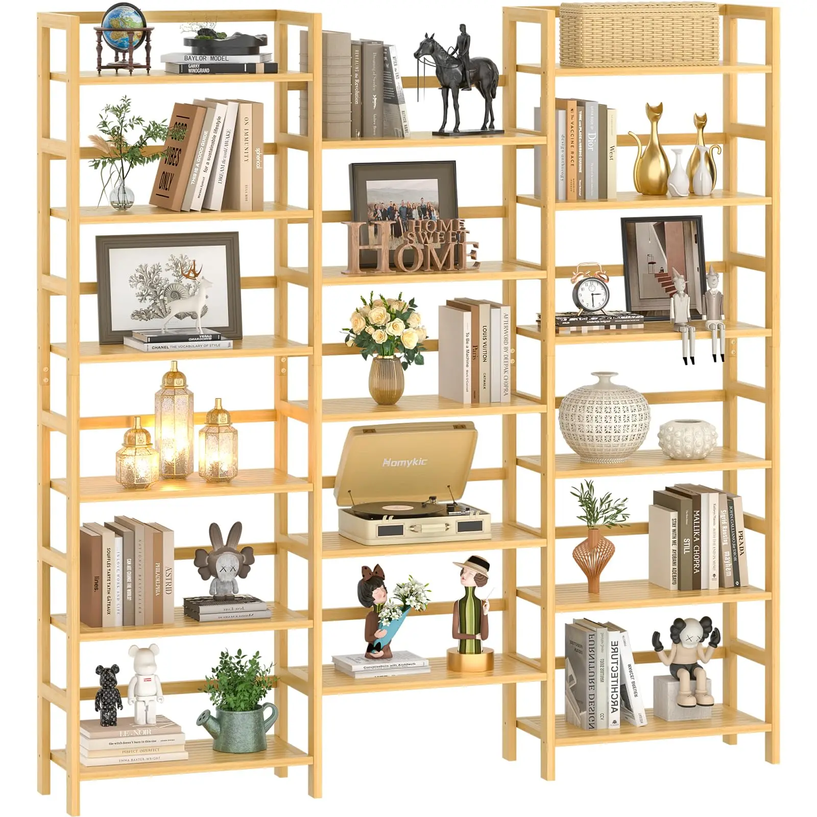 6-Tier Bamboo Bookshelf, 61” Triple Wide Bookshelves and Bookcases | 6ft Tall Book Shelf, Large Open Bookcase with 17