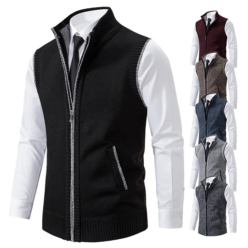 Chaleco de punto sin mangas para hombre, chaqueta de terciopelo de lana, cárdigan con cremallera, jerséis de cuello alto, Chaleco de punto