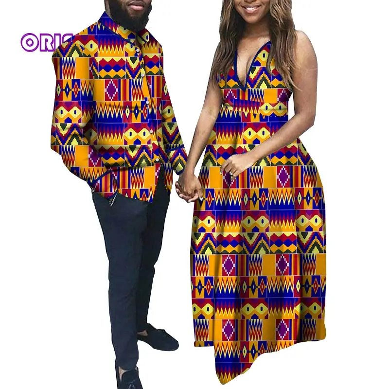 

African Clothes for Couples African Print Men Shirt Women Sleeveless Dress African Print Clothes for Wedding Party Lovers WYQ307