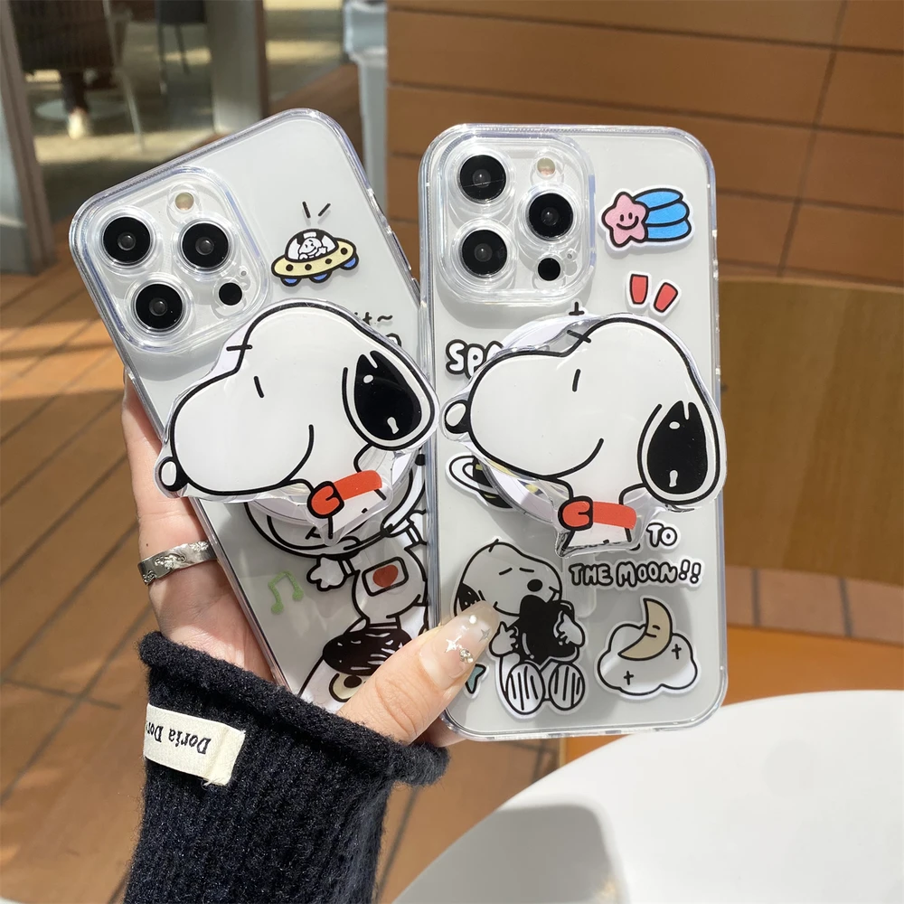 Cute Astronaut Snoopy Magnetic Holder Magsafe Wireless Charge Transparent Phone Case For  iPhone 17 16 15 14 13 Pro Max Cover view 3