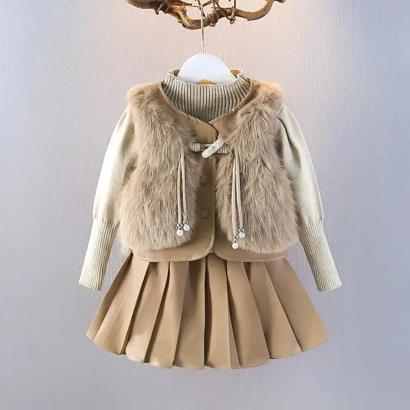 

Autumn Winter Girls Fur Short Down Vest Suit Sleeveless Jacket Coat T-shirt Skirt 3pcs Set Kids Outfits