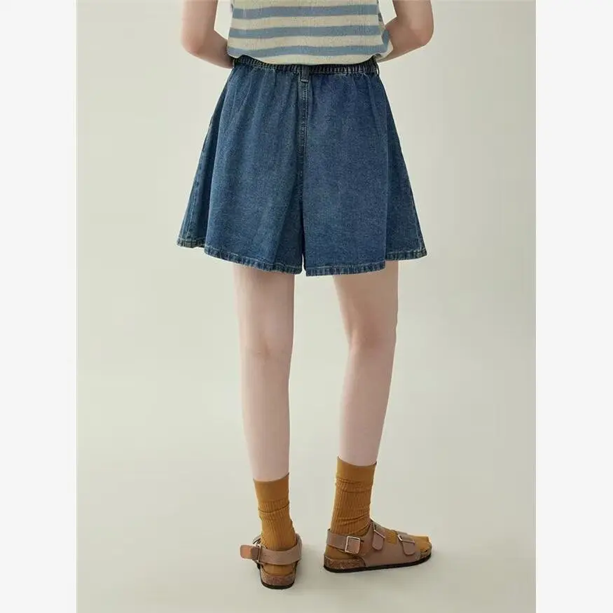 2025 夏ルーズフィットデニムショートパンツハイウエスト痩身女性の弾性ベルボトム E9027