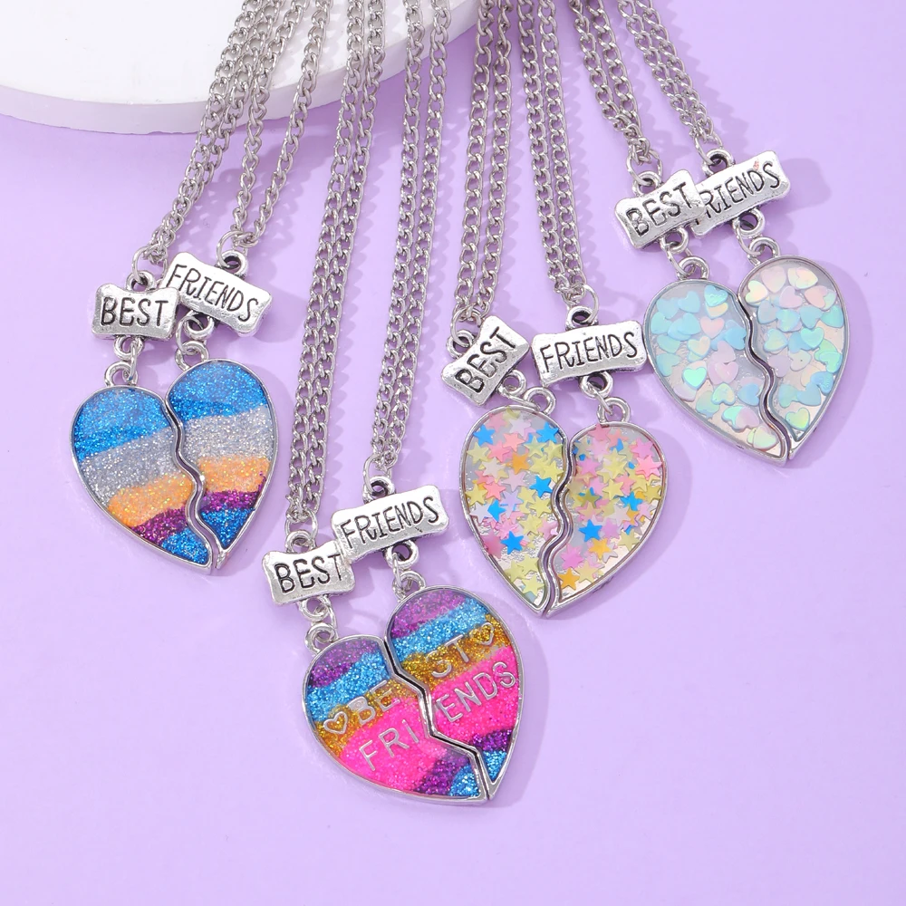 BFF Jewelry 2Pcs Rainbow Glitter Enamel Best Friends Necklace Set Heart Star Charm Choker For Girls Kids Friendship Party Gift