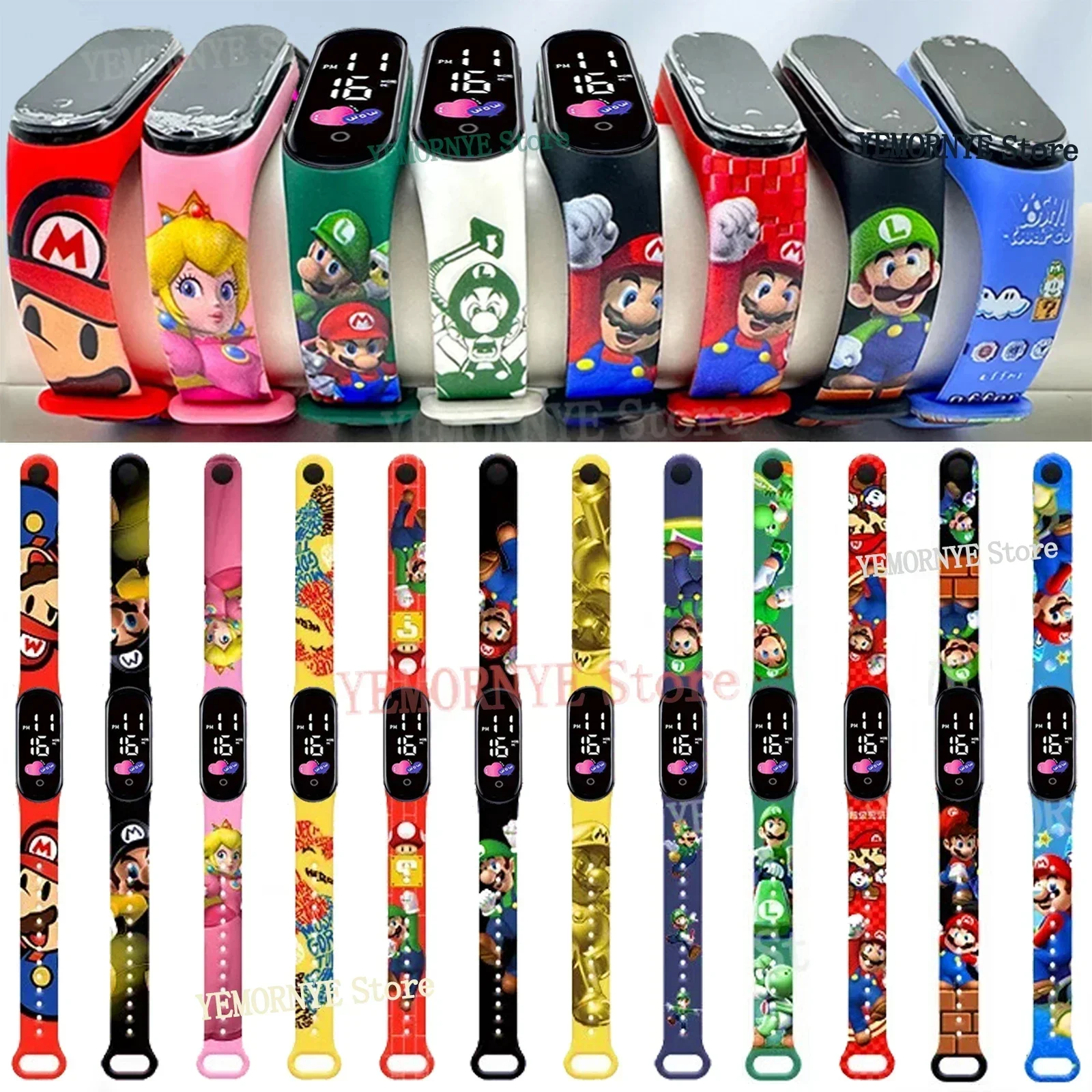 Montre numérique étanche Mario Bros pour enfants, bracelet de sport, figurines d'action, princesse Luigi, pêche, Yoshi, Bowser, jouet pour enfants