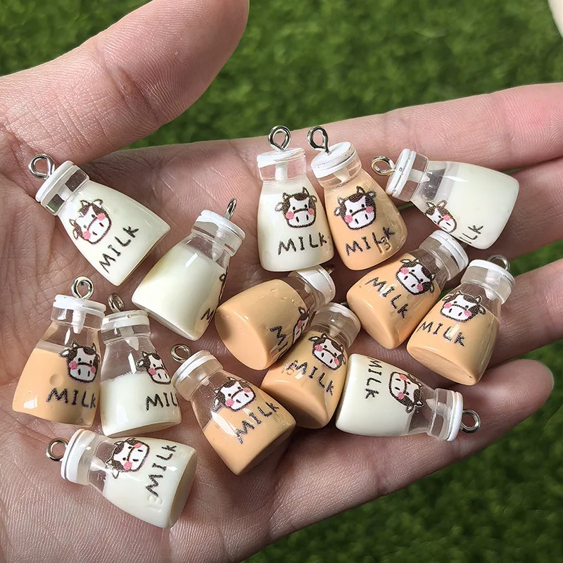 6Pcs Resin 3D Cow Milk Bottle Pendants
