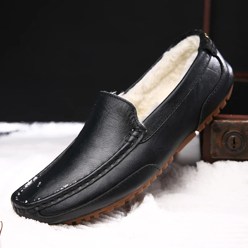 

Winter Fur Loafers Men Casual Shoes Cotton Leather Dress Shoes Slip-on Flats Plush Man Moccasins Fleece Lined Driving Shoes