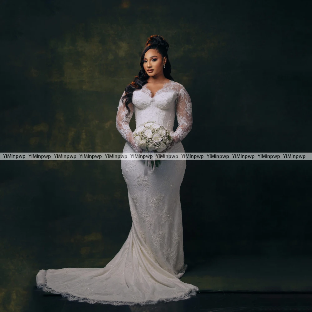 

Mermaid Vintage Bride Gowns Full Sleeve V Neck Lace Wedding Dresses 2025 Luxury Applique Africa Wedding Gowns Women Customized