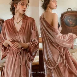 Velvet Bathrobe Gown for Lady Wedding Robe Suit Warm Sexy Cami Sleepwear Nightgown Autumn Winter Split Lace Trim Homewear