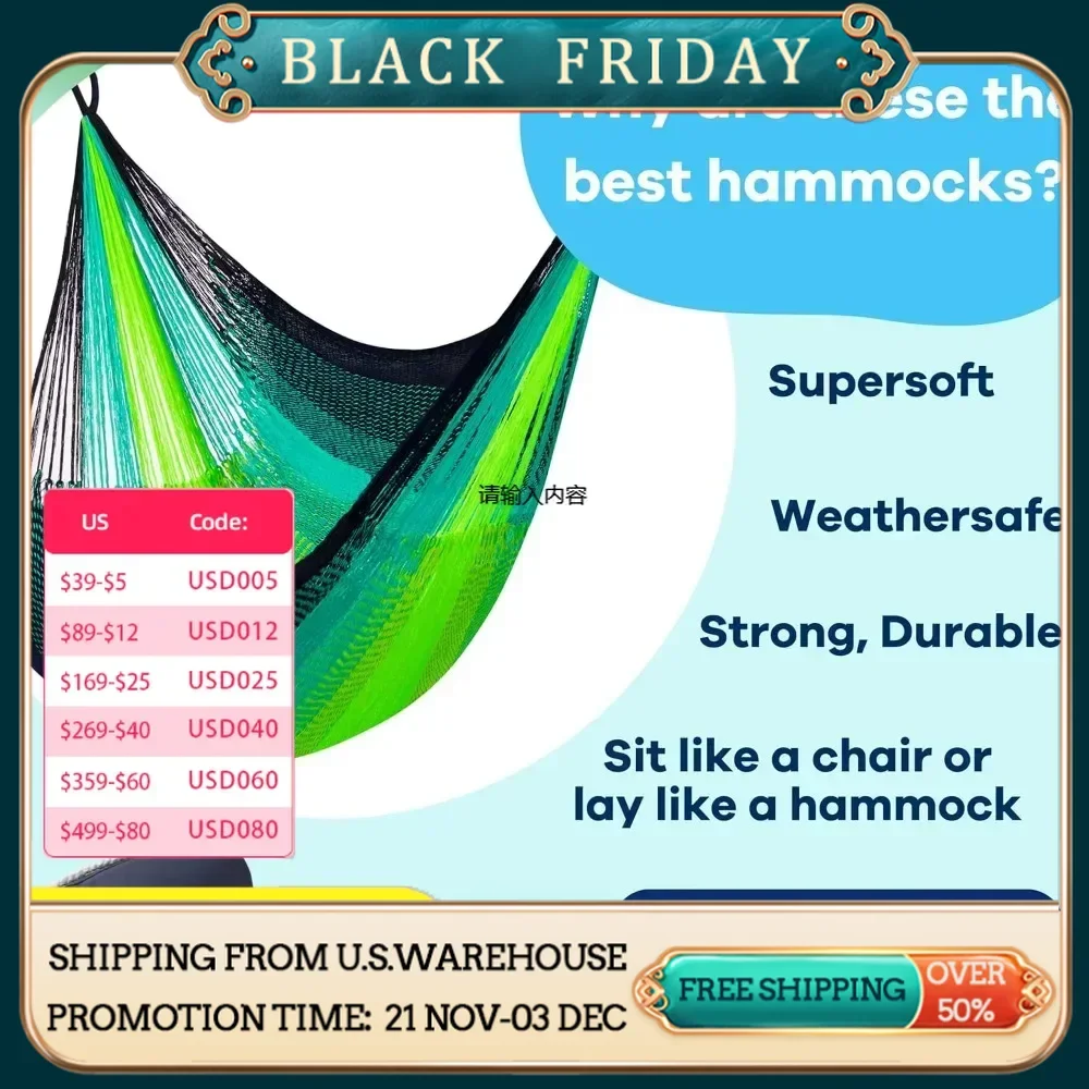 Hammock Handwoven Lift - Fits 1 person, up to 330 lbs - Full Body Tilt Kick - Weatherproof, super soft, hangs anywhere