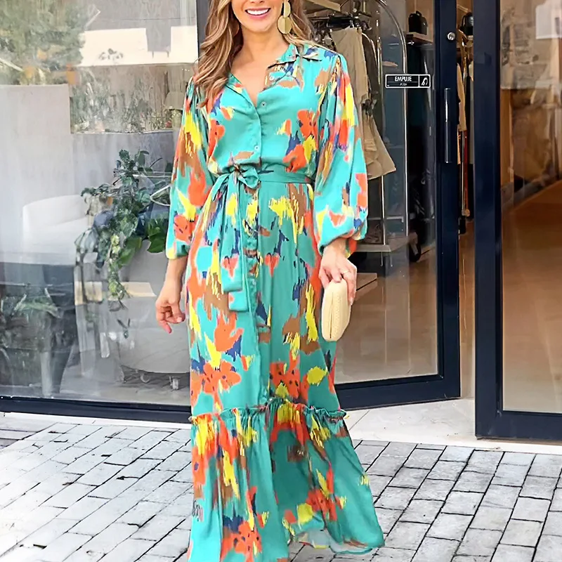 

Fashion High Street Print Dress For Women Casual Lantern Sleeve Big Hem Long Dress 2024 Autumn Winter New Lapel Lace Up Dresses