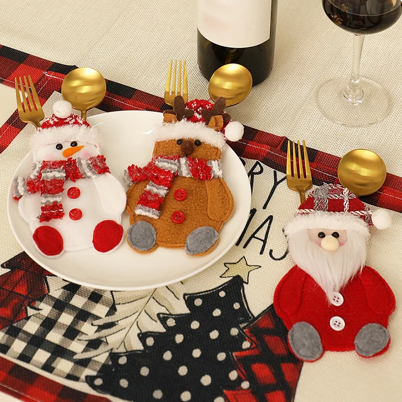 Christmas Decorations Knife And Fork Mat Cover Dining Table Santa Claus Snowman Reindeer Home Tableware Set Nativity Ornaments