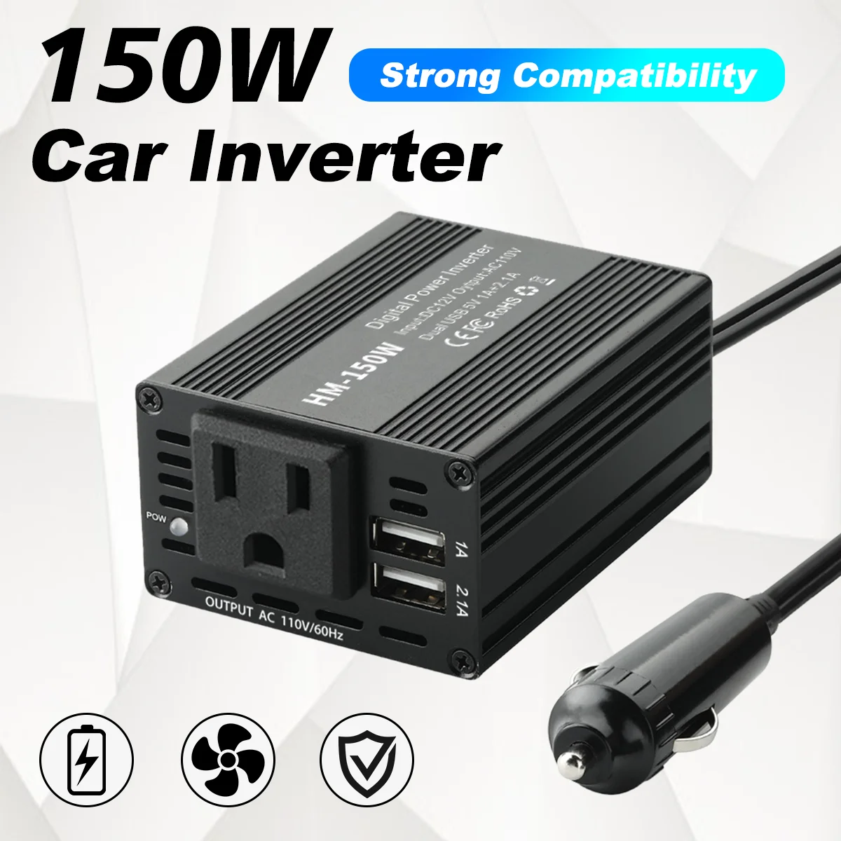 Car Power Inverter 150W Pure Sine Wave US Socket  Output 110V 1A /2.1A USB Port Fast Charging Voltage Adapter Multi-function