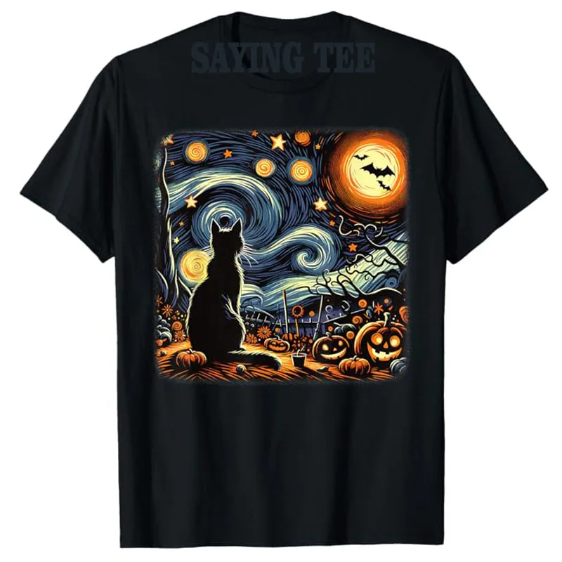 

Halloween Costume Starry Night Black Cat Pumpkins Bats T-Shirt Kitty Lover Graphic Tee Top Women's Fashion Short Sleeve Blouses