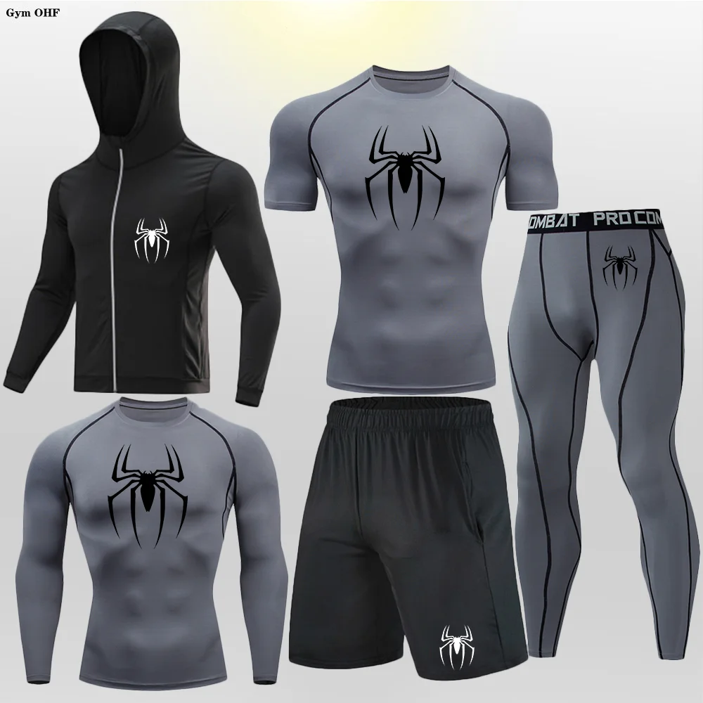 5-piece setMen MMA Boxing Compression T Shirt  Suits Rashguard Fitness motionSkin Tight Men's SportswearSet Spider