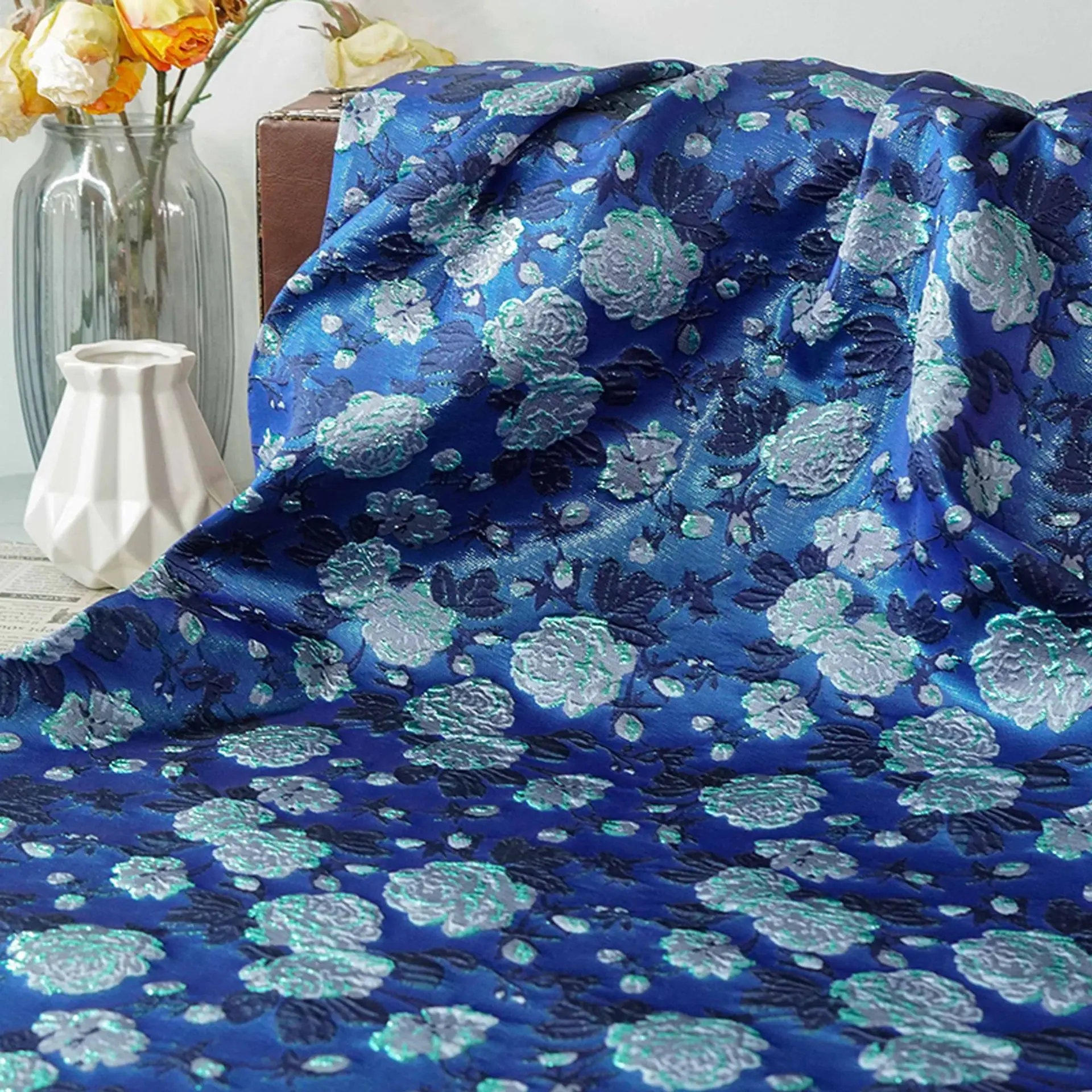 

Blue Embossed Rose Jacquard Yarn Dyed Fabric Elegant Dress Coats Handbags Handmade Sewing Fabric