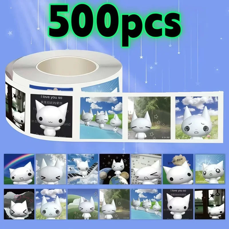 500Pcs Cute 3D White Cat Stickers, Retro Cartoon Kitten Pattern Label Stickers, Aesthetic Decor for Journal Packaging DIY