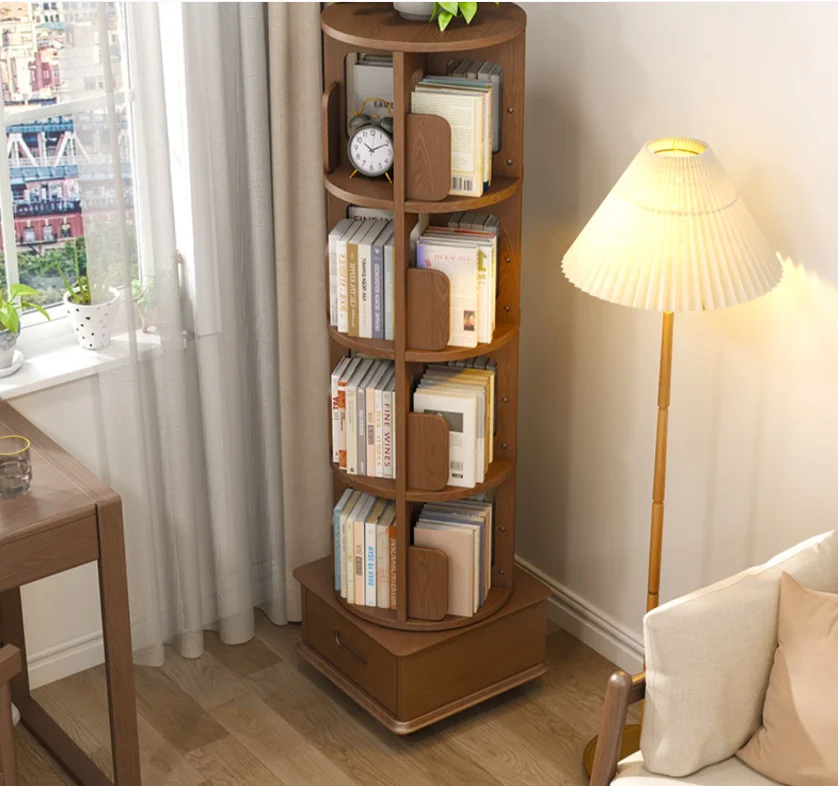 Rotating Bookshelf 360 Degrees Children's Home Bookcase Living Room Solid Wood Floor-to-ceiling Removable Storage Rack