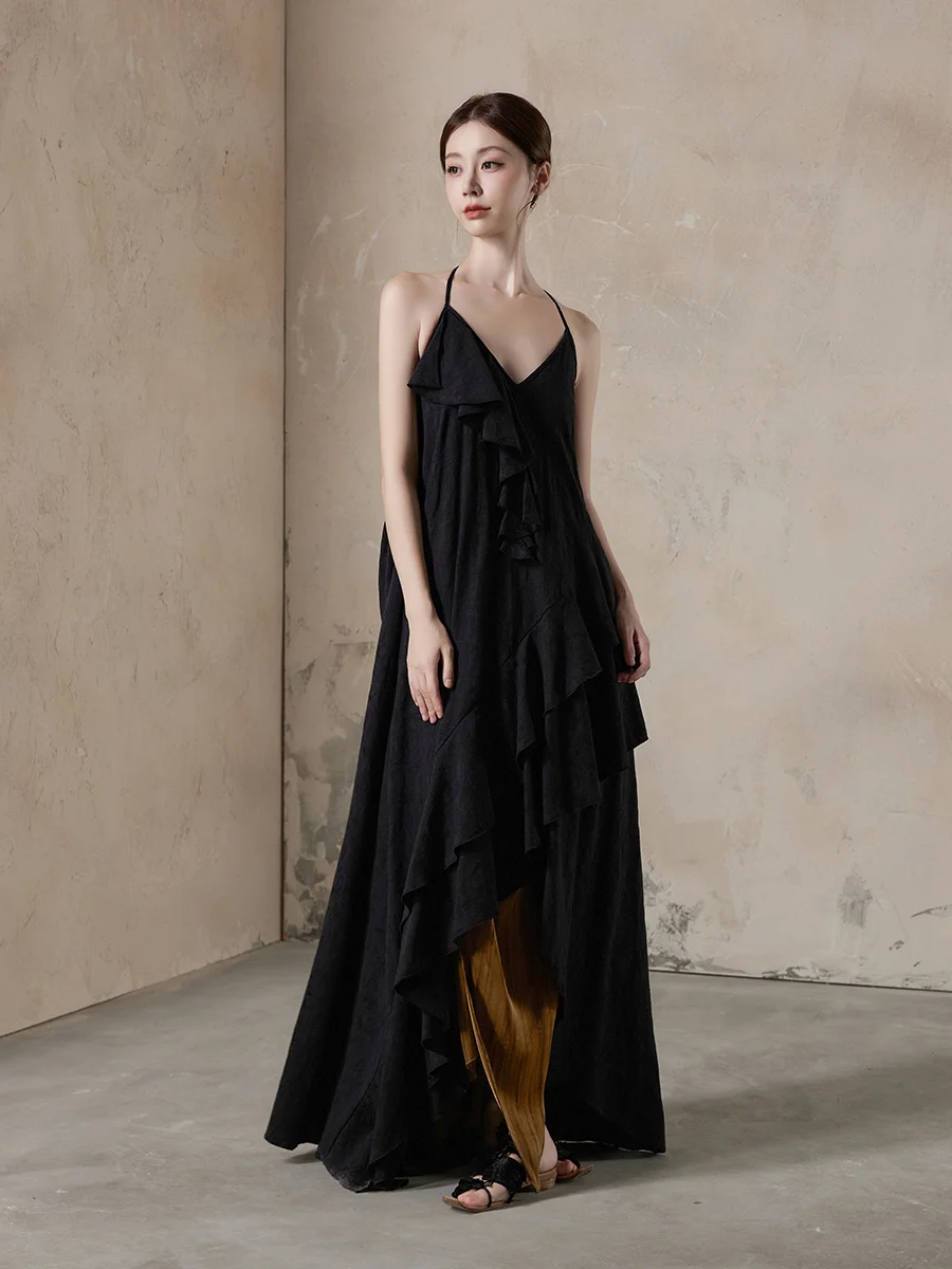 

ONMOON Black V-neck Hanging Neck Dress Women's New Style Fairy Skirt Big Swing Skirt Cotton No-sleeve Autumn Commute Dress