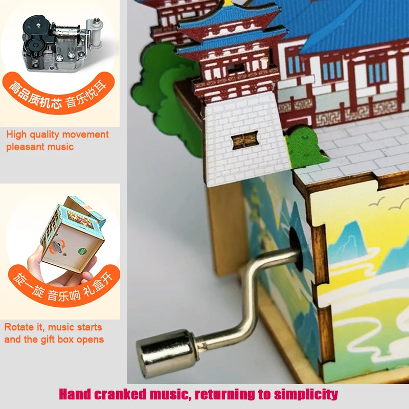 TeamGreen Shaoguan Cultural Hand Crank Music Box,Lingnan Ancient Architecture 3D Wooden Puzzle, Chinese Style Desktop Decor,Gift