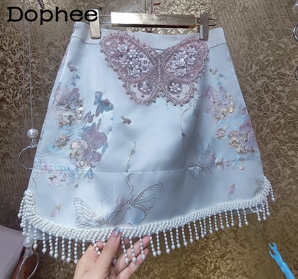 High-End Custom New Chinese Style A Line Skirt Women 2024 Spring Summer New Luxury Handmade Tassel Beaded Butterfly Skirt Female