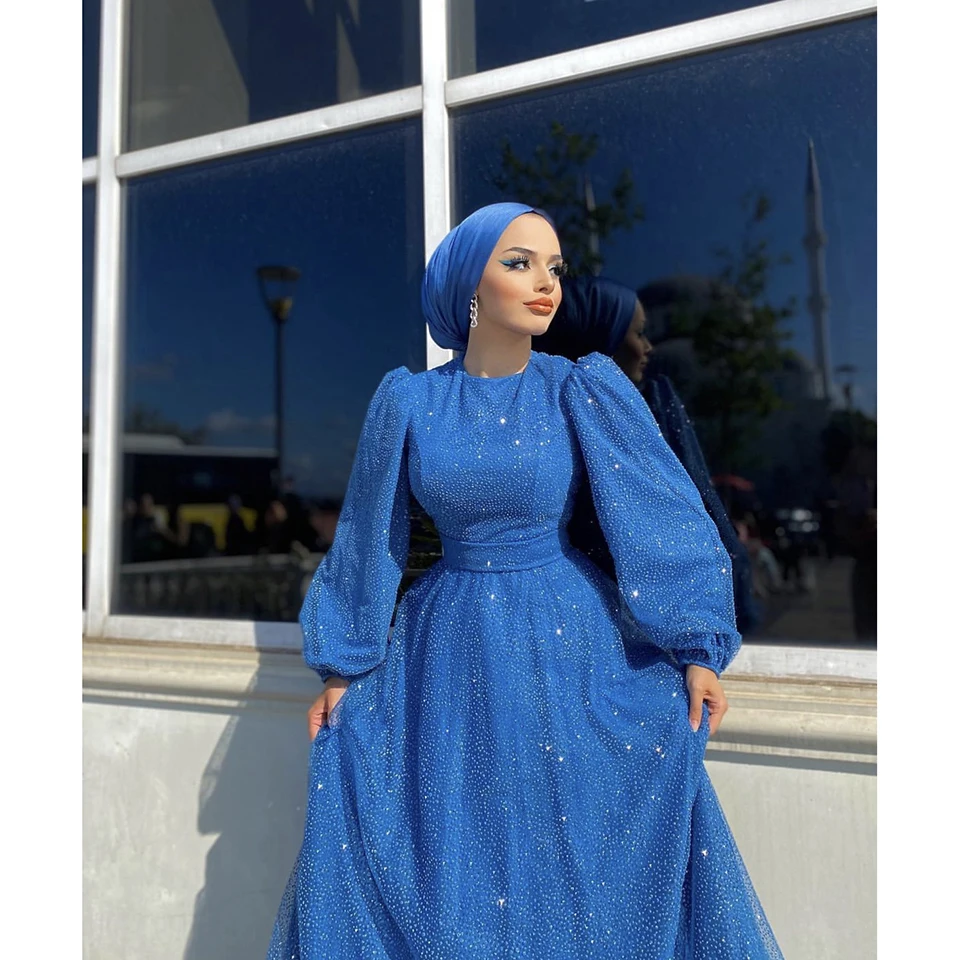 Elegant Blue O-Neck Sequin Lantern Sleeve Evening Dresses 2023  Charming A-Line Ankle-lengh Tulle Zipper Custom Made Formal Gown