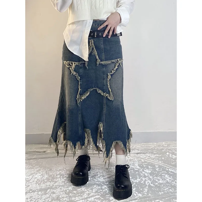 Old Washed Denim Skirt Women Fringed Frayed Five-Pointed Star Patch Cloth Raw Edge Personality Low Waist Mid Length Skirt