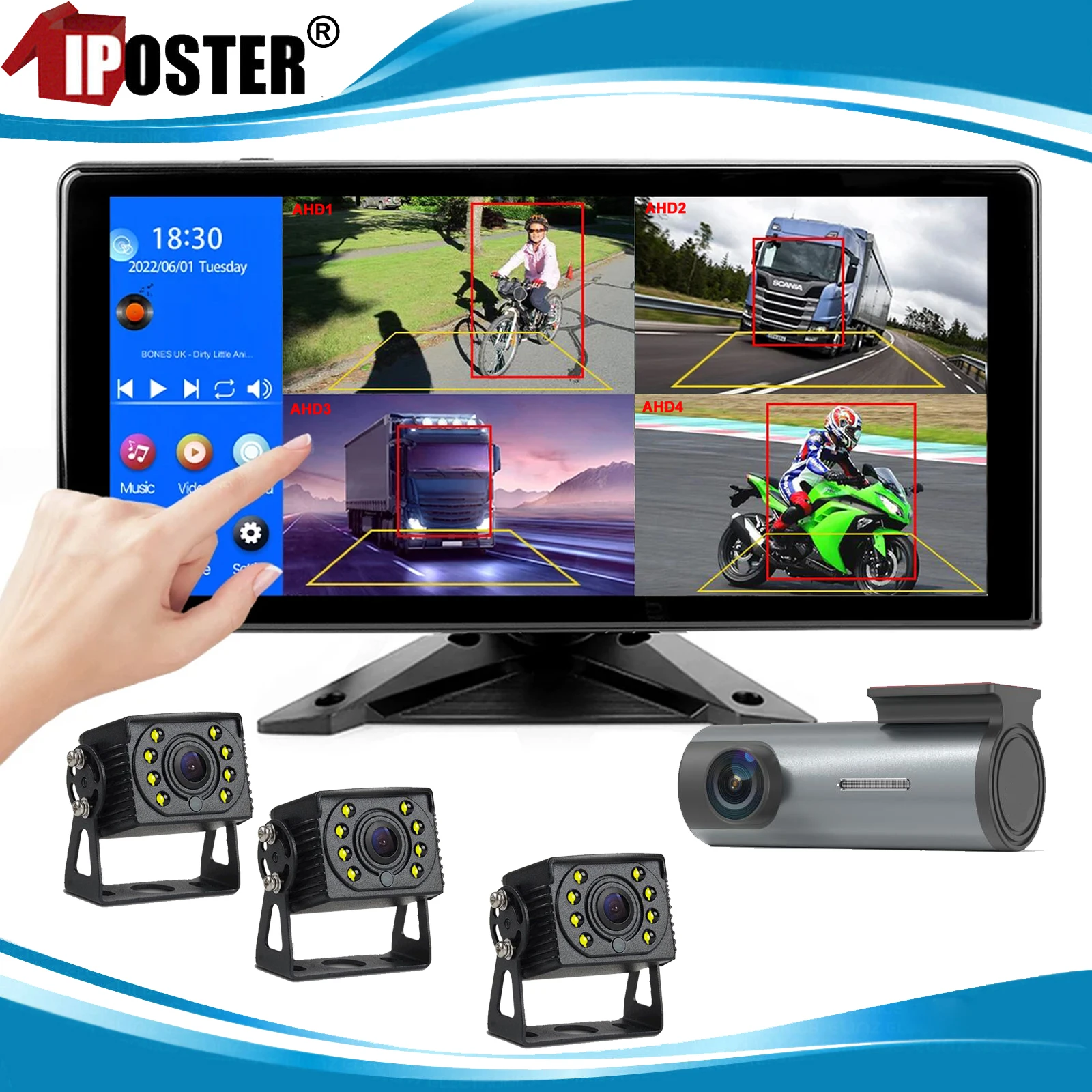 iPoster 10.36 Inch Touch Screen 4ch Blind Spot BSD Alarm DVR Recorder Monitor 4x AHD 1080P Front Rear View Cameras For Truck Rv