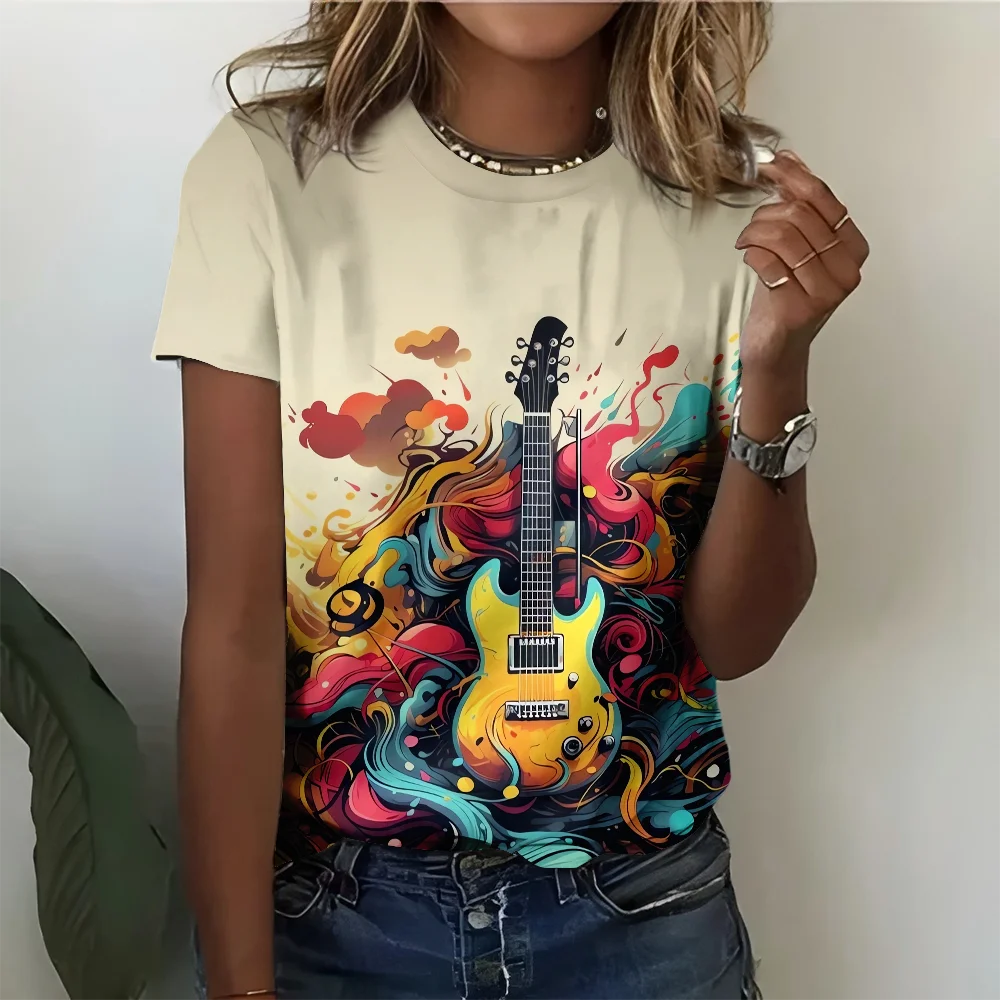 

Смелый дизайн для любителей музыки, женская футболка с абстрактным гитарой, повседневная модная удобная бежевая футболка с коротким рукавом