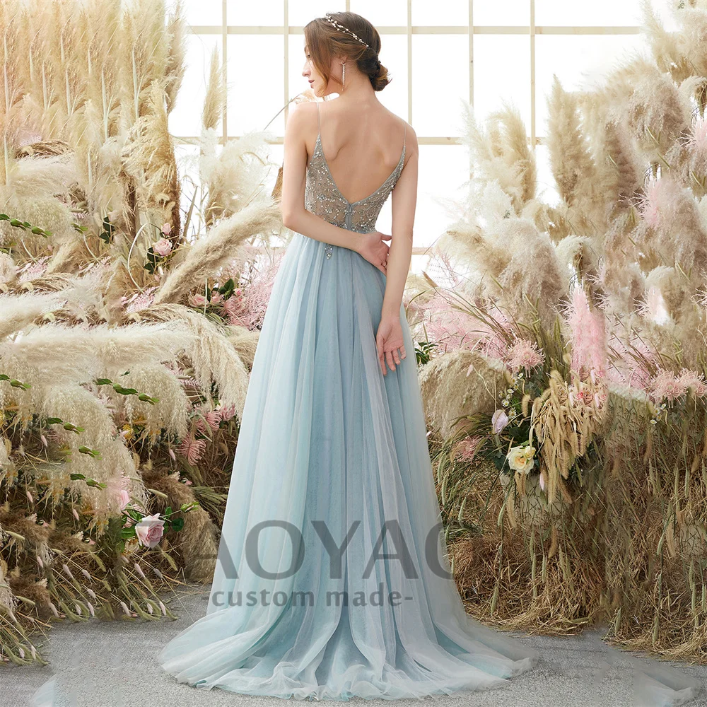 Light Blue A Line V Neck Spaghetti Strap Evening Dresses Beading Tulle Sexy Party Dresses Prom Gowns Robe De Soirée Vestido