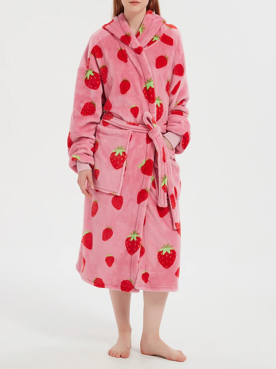 Women s Thick Flannel Bathrobe Strawberry Print Long Sleeve Fuzzy Plush Hood Bath Robe with Belt