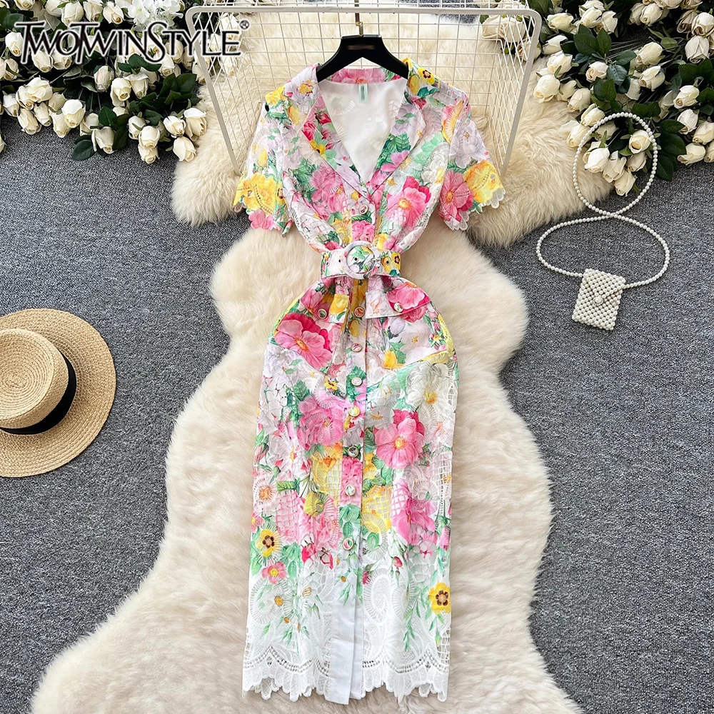 

TWOTWINSTYLE Elegant Slimming Printing Dresses For Women V Neck Short Sleeve High Waist Designer Dress Female Fashion KDR539884
