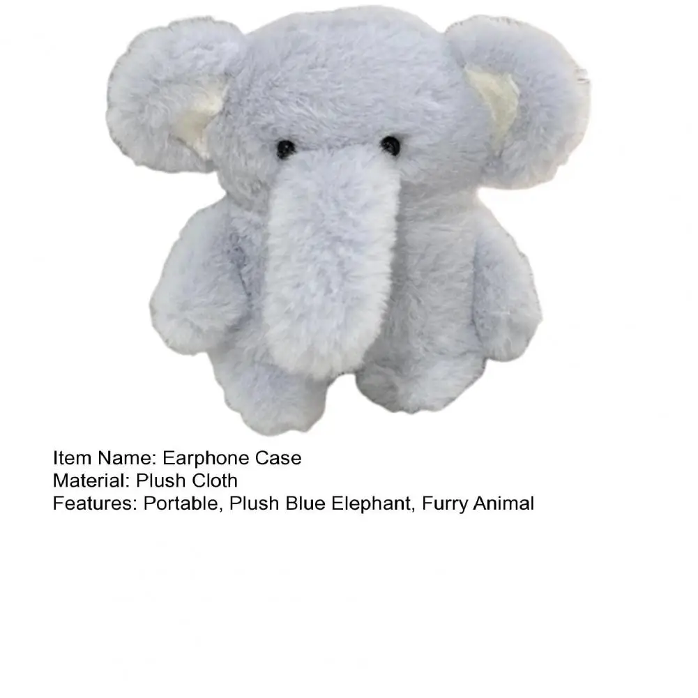 10cm Pluszowe etui na słuchawki Blue Elephant do słuchawek Airpods 3D Cartoon Fur Animal Grey Elephant Dumbo Pokrowiec na słuchawki dla kobiet i dziewcząt
