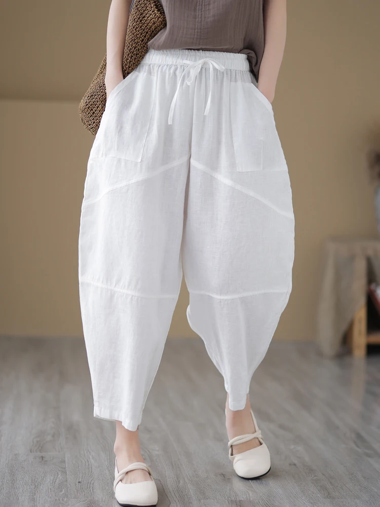 Summer 2023 Elegant Fashion Cotton Harem Pants Women Loose High Waist Ankle-Length Radish Pants Minimalist Patchwork Trousers