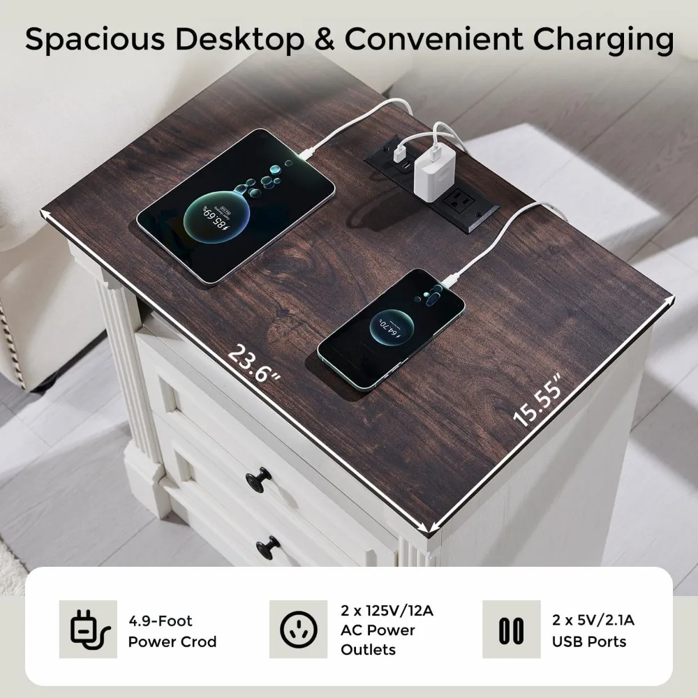 Pair of 26-Inch Tall Farmhouse Nightstands with 3 Drawers and Charging Station, 23.6-Inch Wide Large Side Table featuring Roman