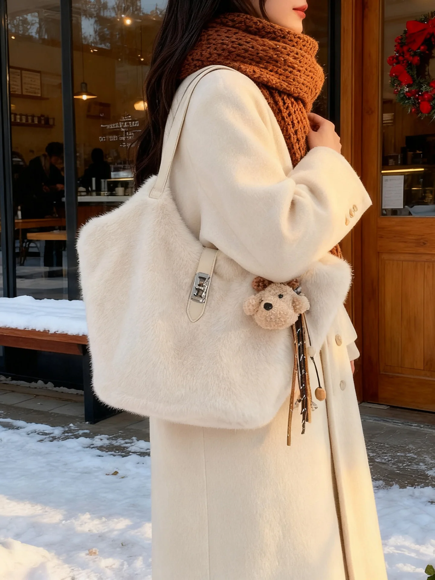 

Plush Underarm Shoulder Bag Women's Fashionable Simple Commuter Large Capacity Handheld Tote Bag Casual Style Magnetic Buckle