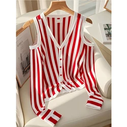 Korean Red Striped Loose Off Shoulder T Shirts Spring Autumn New Long Sleeve Loose Trend Tops Fashion Vintage Women Clothing