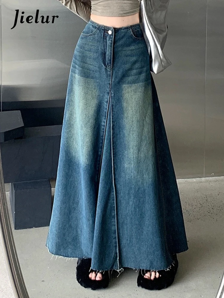 Jielur Vintage Gewassen Vrouwelijke Denim Rokken Met Hoge Taille Blauwe Chique Ritszakken Mode Kantoor Dames Effen Kleur Damesrokken