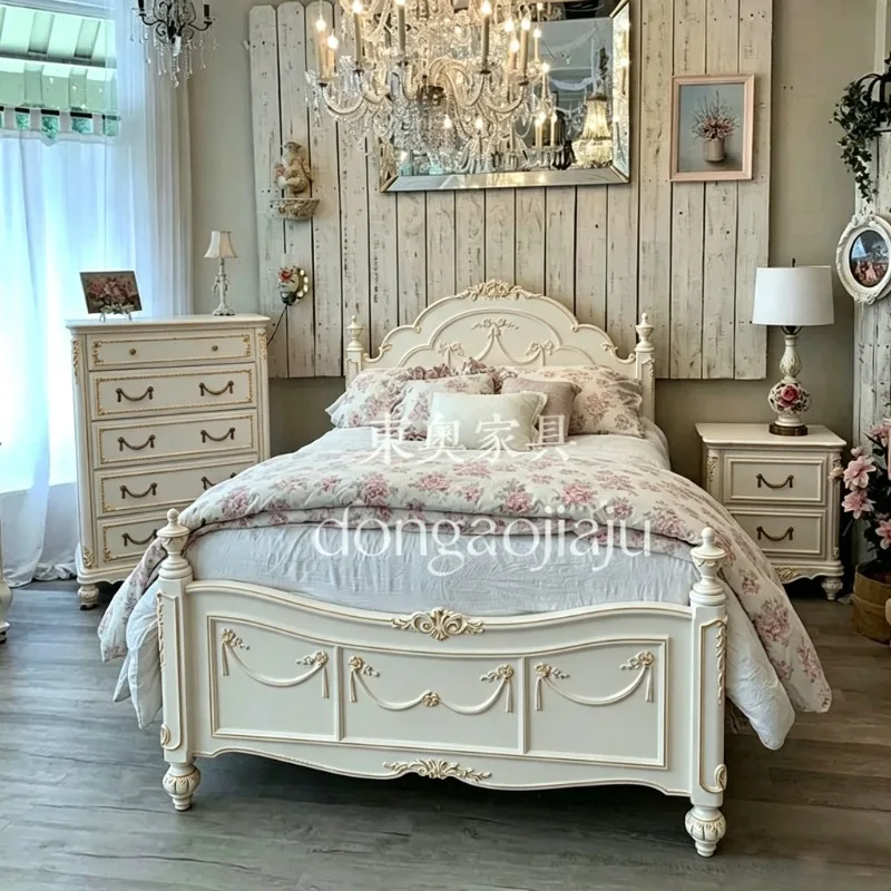 French retro pink solid wood carving flower princess bed/French light luxury 1.8 meters double bed girl heart master bedroom wed