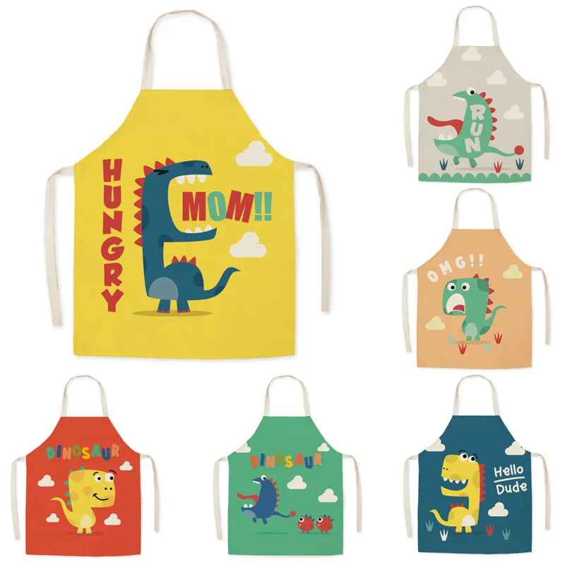 New Parent-child Kitchen Apron Cartoon Dinosaur Printed Linen Baking Cooking Aprons for Women Home Cleaning Apron chef apron CN