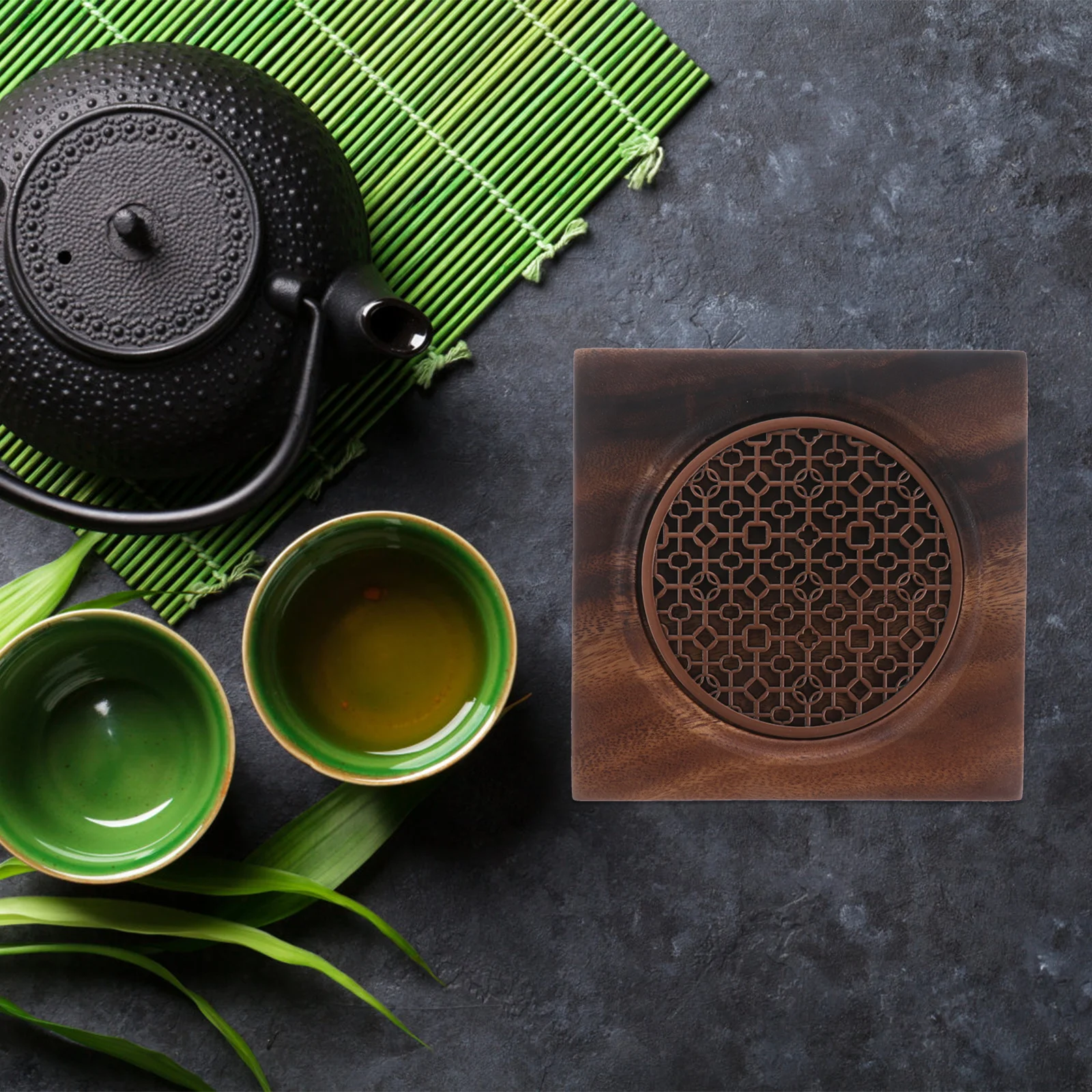 

Wooden Tea Cheng Tray Coffee Decor Teabag Dish Walnut Copper Portable Retro Coaster Tea Set Plate Heat Resistant Kitchen Bar Use