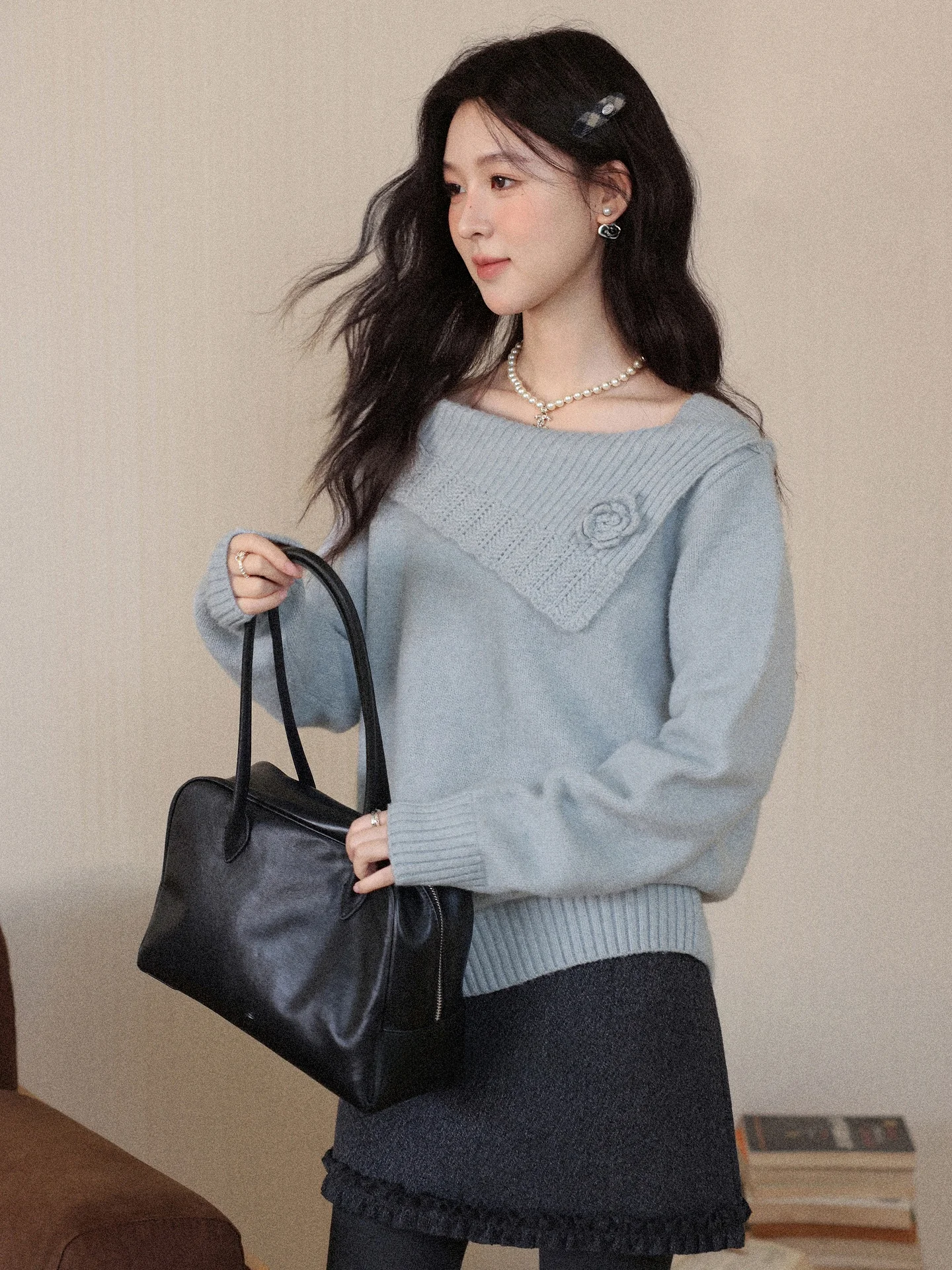 

Мягкий синий свитер с длинными рукавами, женский, свободного кроя, осенне-зимний, новый, уютный, вязаный топ с круглым вырезом во французском стиле