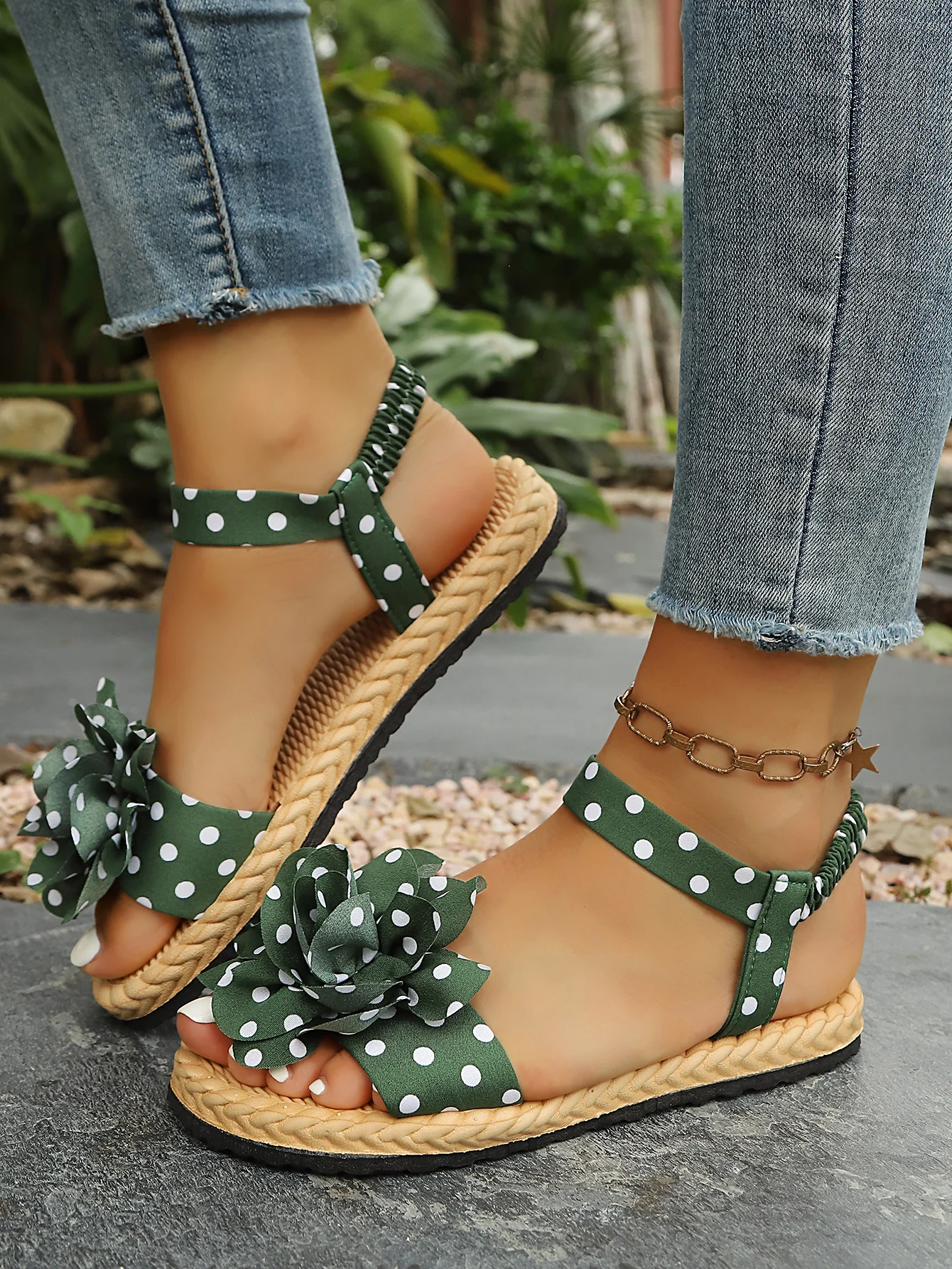 Flache Sandalen zum Hineinschlüpfen mit Schleife, Polka-Dot-Muster, weicher Boden, bequeme flache Schuhe für den Strandurlaub, Damen-Freizeitschuhe – Detail 15