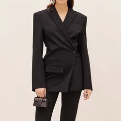 Women'S Suit R0*Black Wool Double-Breasted Slash Lapel Shoulder Pads Ladies Casual Blazer