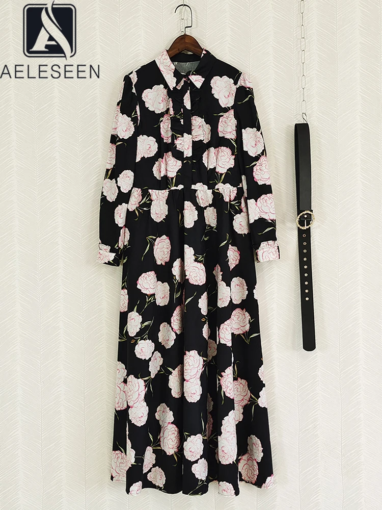 

AELESEEN High Quality Women 100% Cotton Dress Spring Autumn Lantern Sleeve Belt Flower Print Elegant Long Poplin Party Holiday