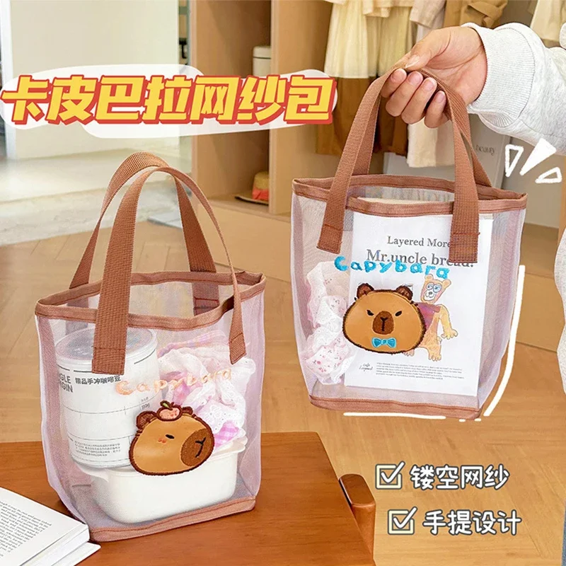 Cartoon Capybara Mesh Handbag Totes Hollow Out Shoulder Bag For Student File Collection Bag Casual Large Capacity Pack